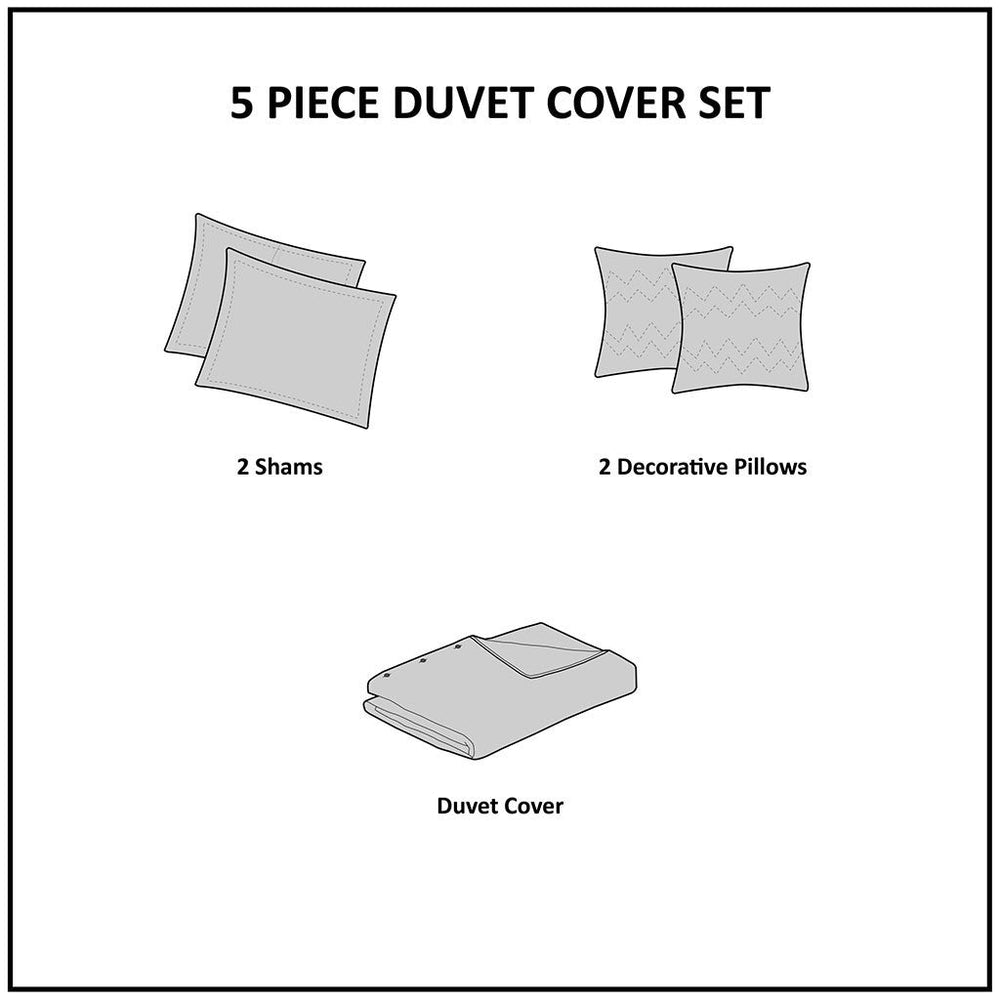 5 Piece Cotton Jaquard Duvet Set White/Grey Full/Queen Media 4