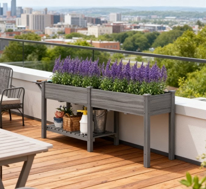 Spacious Elevated Garden Bed,Wood Raised Garden Box,with Side Table,Bottom Shelf,Bed Liners and Drainage Holes Media 1