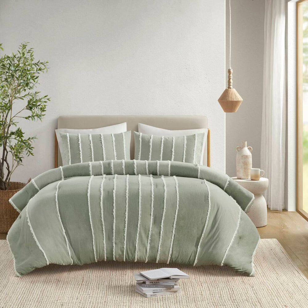 3 Piece Striped Cotton Comforter Set Sage King/Cal King Media 1