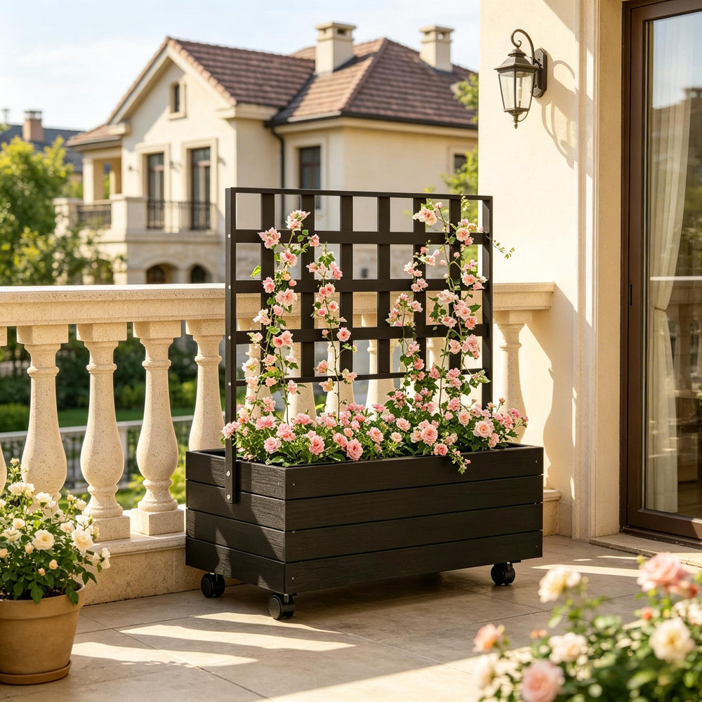Dual-Function Design Planting box,Wooden Elevated Garden Bed with Trellis,Outdoor Planter Box,Portable Raised Garden Bed Media 5