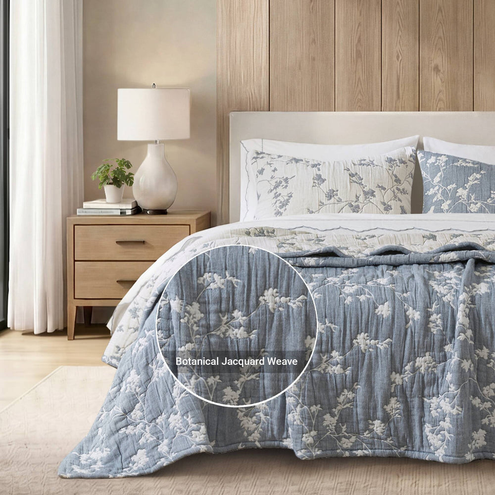 3 Pieces Full/Queen Jacquard Cotton Gauze Quilt Set,Blue Media 6