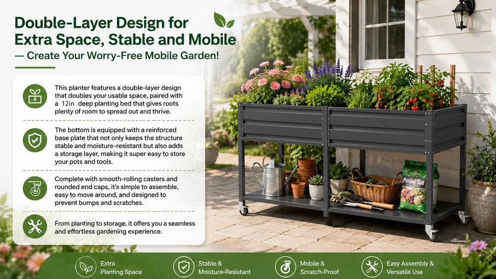 Dual Tier Elevated Metal Raised Garden Bed with Lockable Wheels & Lower Storage Shelf, Dark Gray Staggered Raised Planter Box for Vegetables Herbs Flowers, Outdoor Patio Backyard Raised Planting Bed Media 17