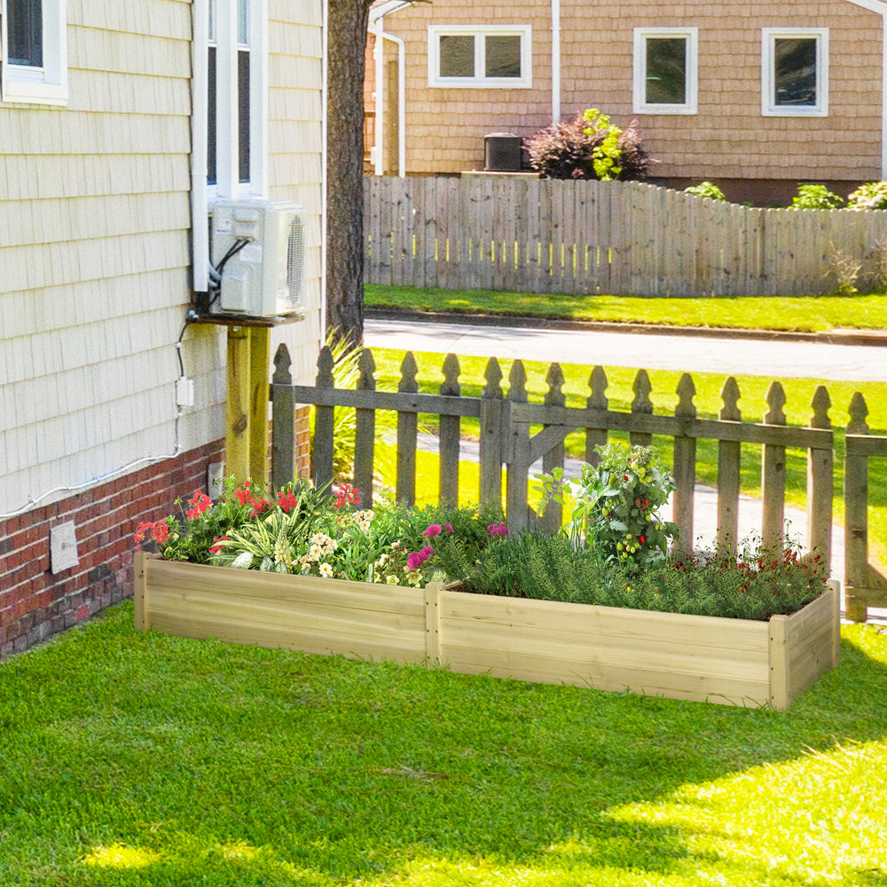 Outsunny 8x2ft Wooden Raised Garden Bed Kit, Elevated Planter with 2 Boxes, Self Draining Bottom and Liner, Patio to Grow Vegetables, Herbs, and Flowers, Natural Media 8