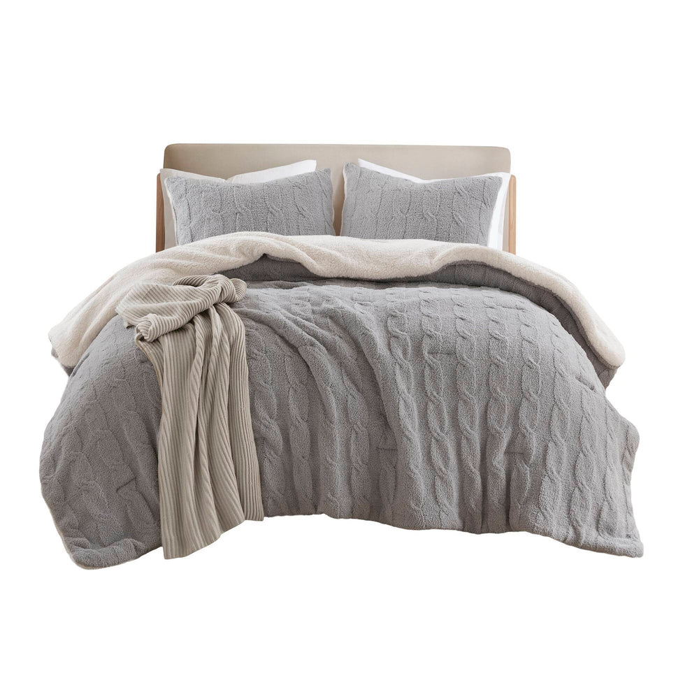 2 Pieces Twin Cable Knit Chenille Comforter Set,Gray Media 7