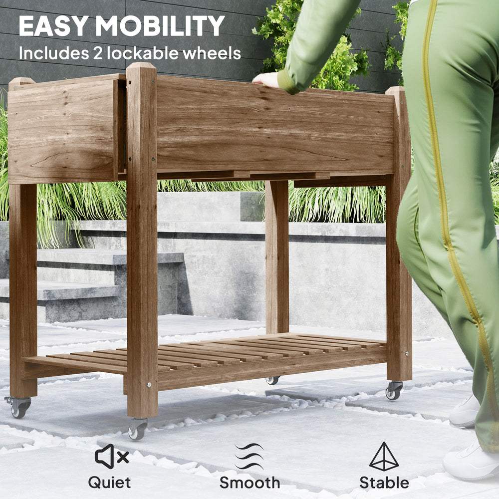 Convenient Elevated Garden Bed,Wood Raised Planter Box,with Lockable Wheels,Side Tables,Bottom Shelf,Drain Holes Media 7