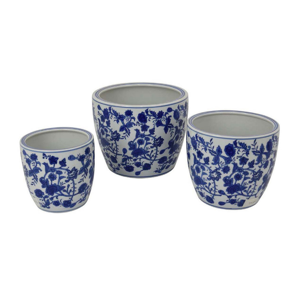 Garden Planter Set of 3, Classical Ceramic Blue White Floral Pattern Media 3