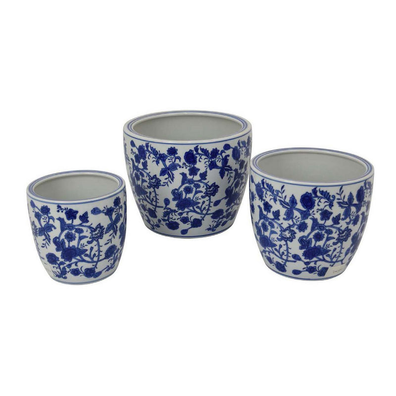 Garden Planter Set of 3, Classical Ceramic Blue White Floral Pattern