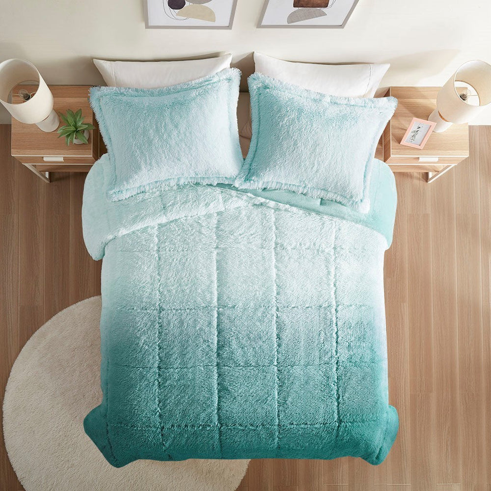 Full/Queen Ombre Shaggy Long Fur Comforter Mini Set Media 6