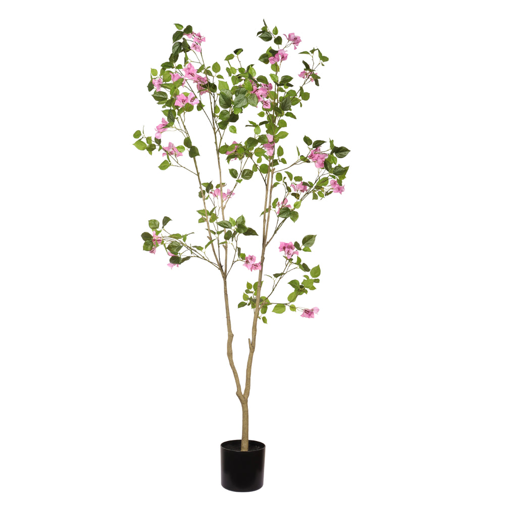 Artificial Bougainvillea Tree with Black Plastic Pot, Realistic Faux Flowering Plant in Green Leaves and Pink Blooms, 72-Inch Indoor Decor for Home Office Media 1