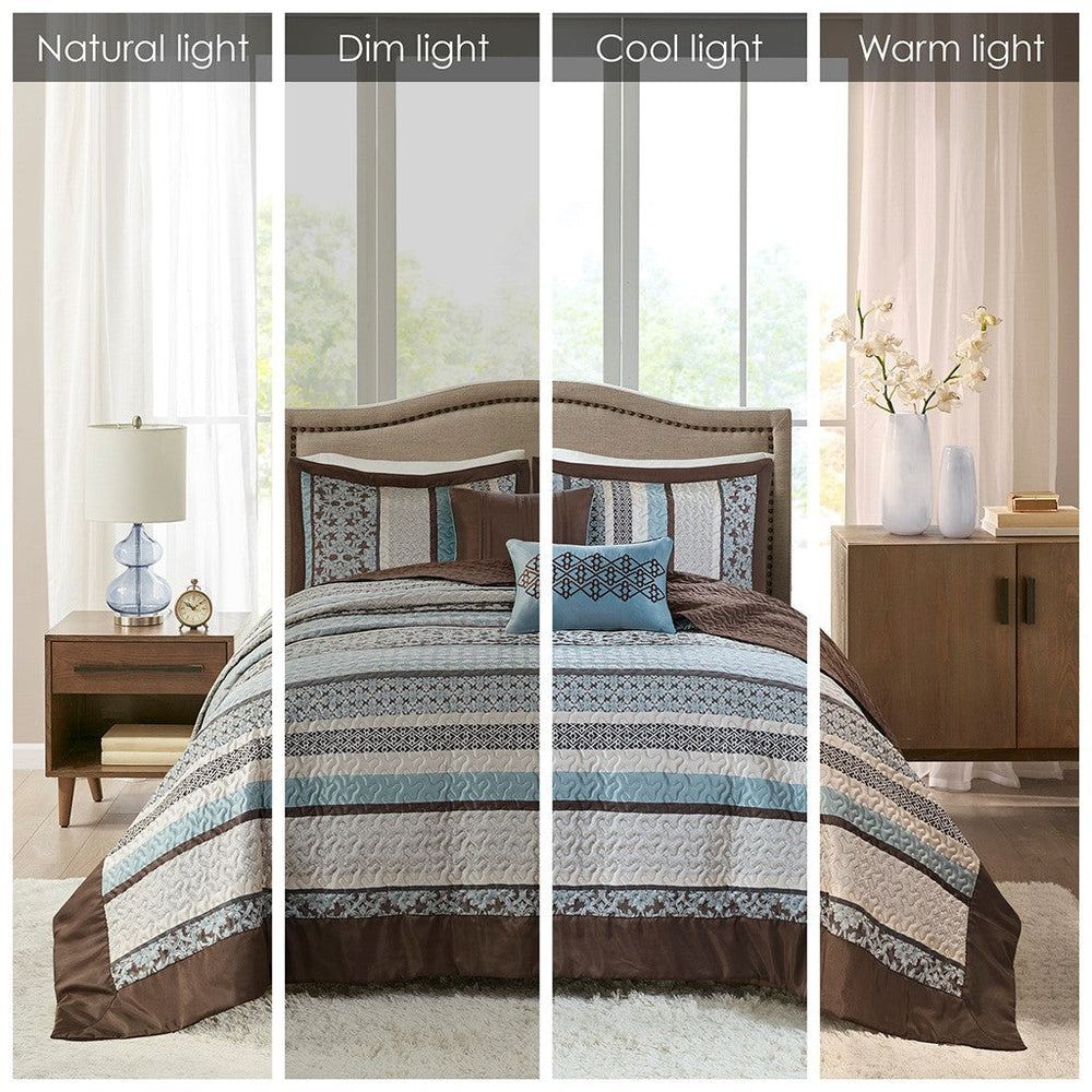 5 Piece Jacquard Quilt Set with Throw Pillows Blue Full/Queen Media 10