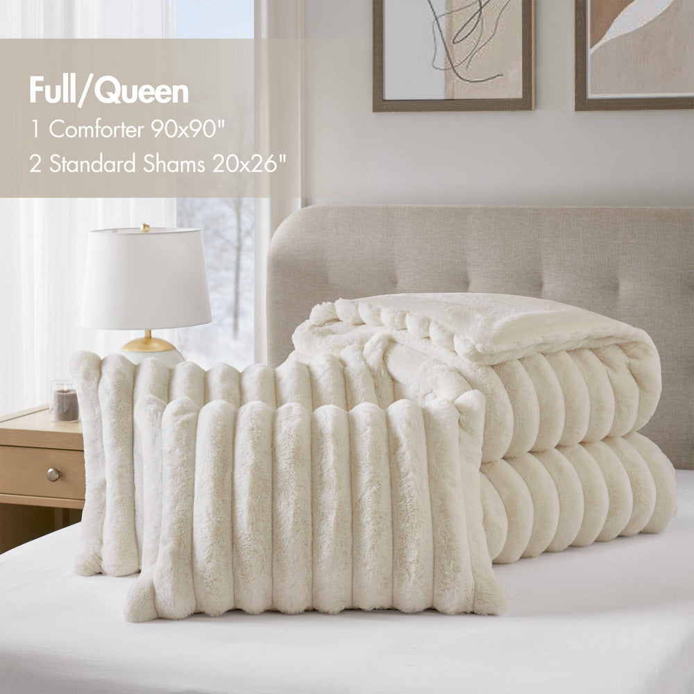 3-Piece King  soft Faux Fur Ribbed Comforter Set,Ivory Media 4