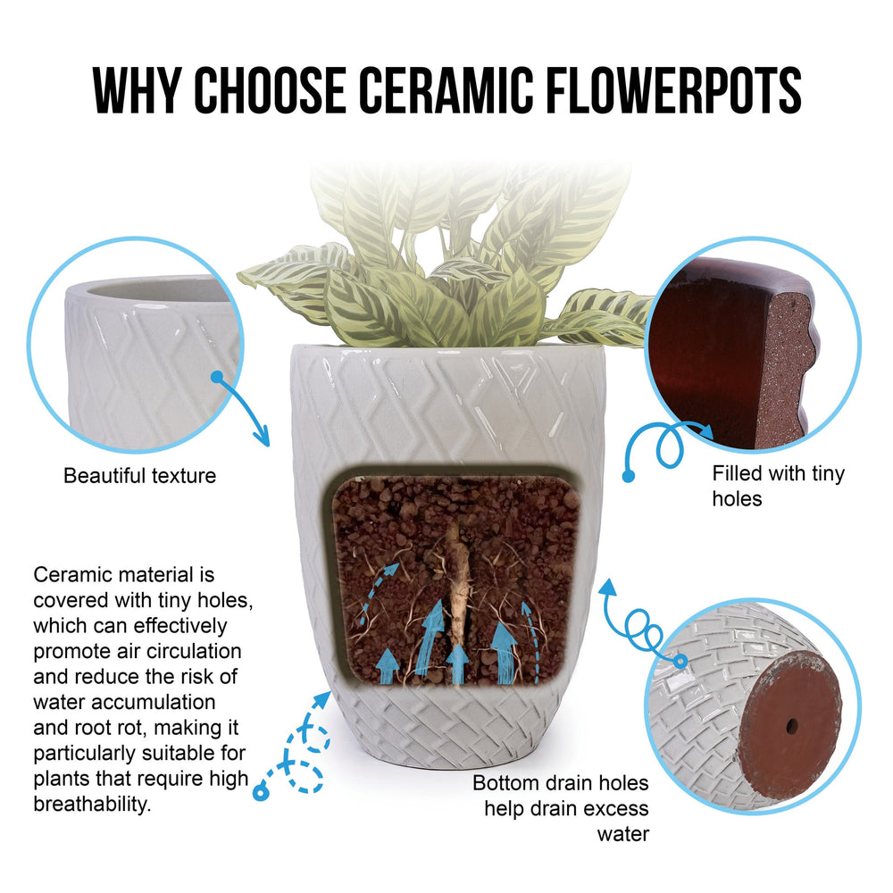 Ceramic Flowerpot, Modern Planter for Patio, Garden, Windowsill - White Media 12