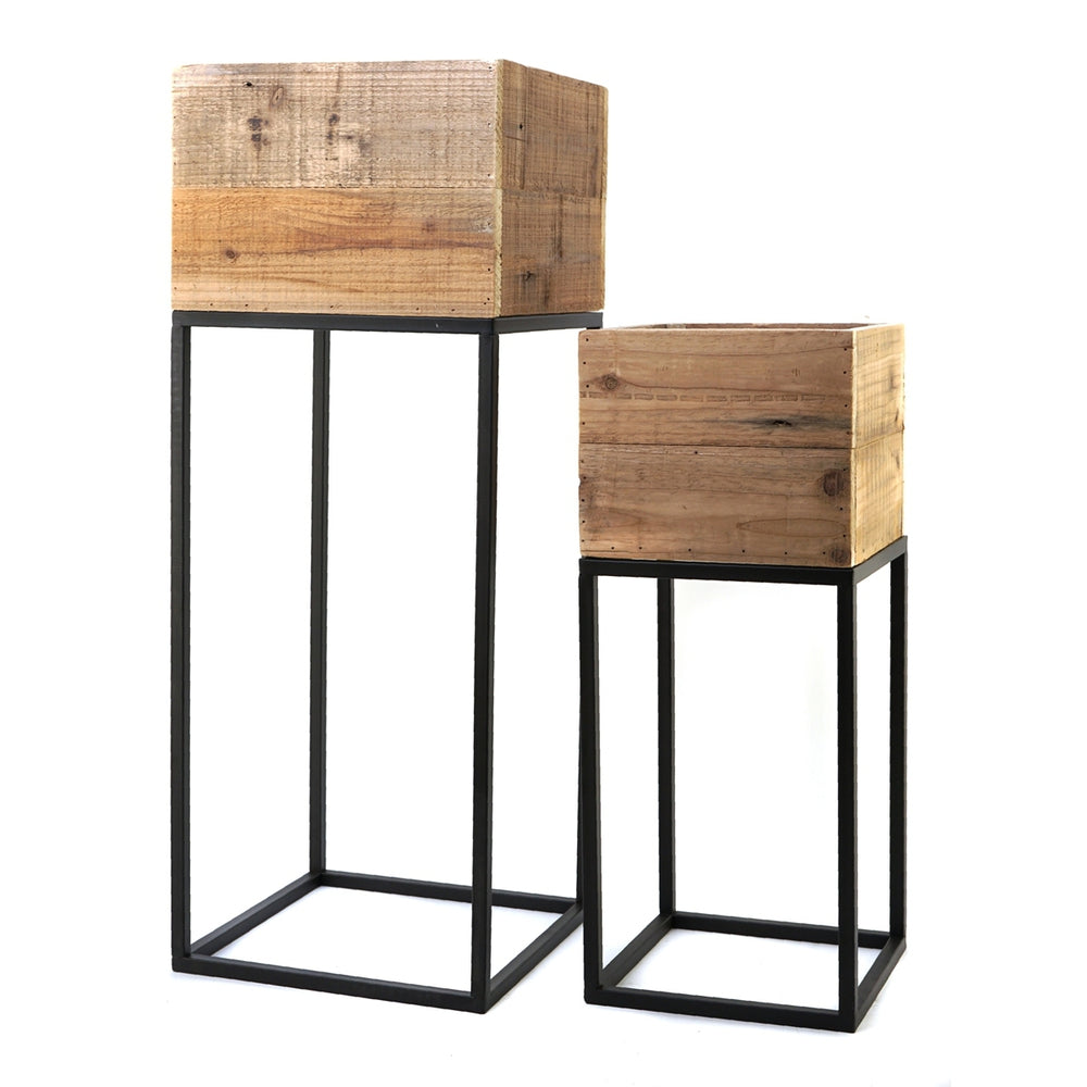 Set of 2 Reclaimed Wooden Box With Black Iron Stand, L:11x11x29.5' S:8.5x8.5x21.5' Media 3