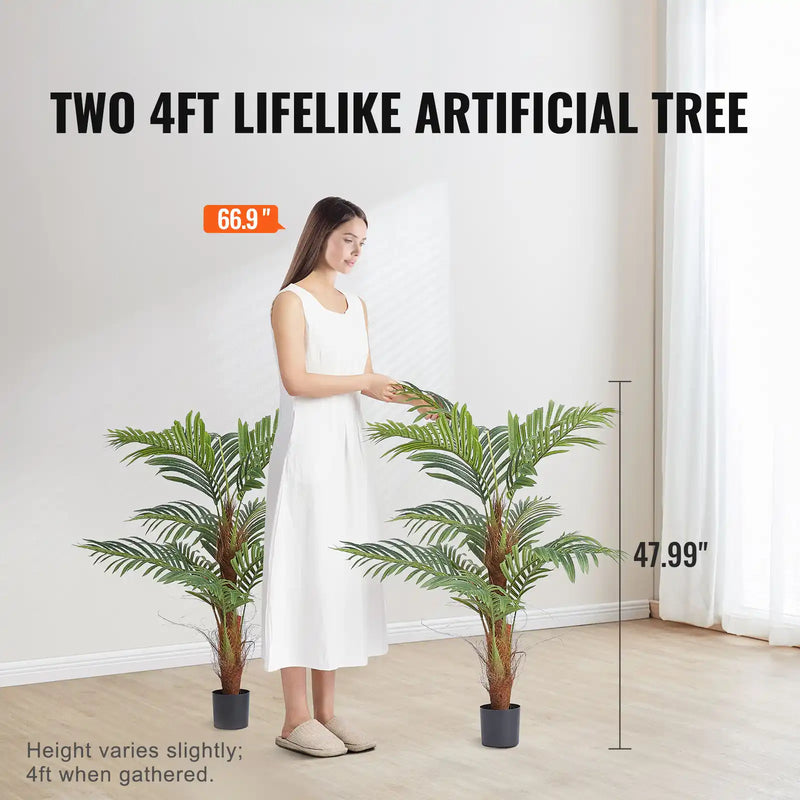 Artificial Palm Tree, 4 FT Tall Faux Plant, Secure PE Material & Anti-Tip Tilt Protection Low-Maintenance Plant, Lifelike Green Fake Tree for Home Office Warehouse Decor Indoor Outdoor
