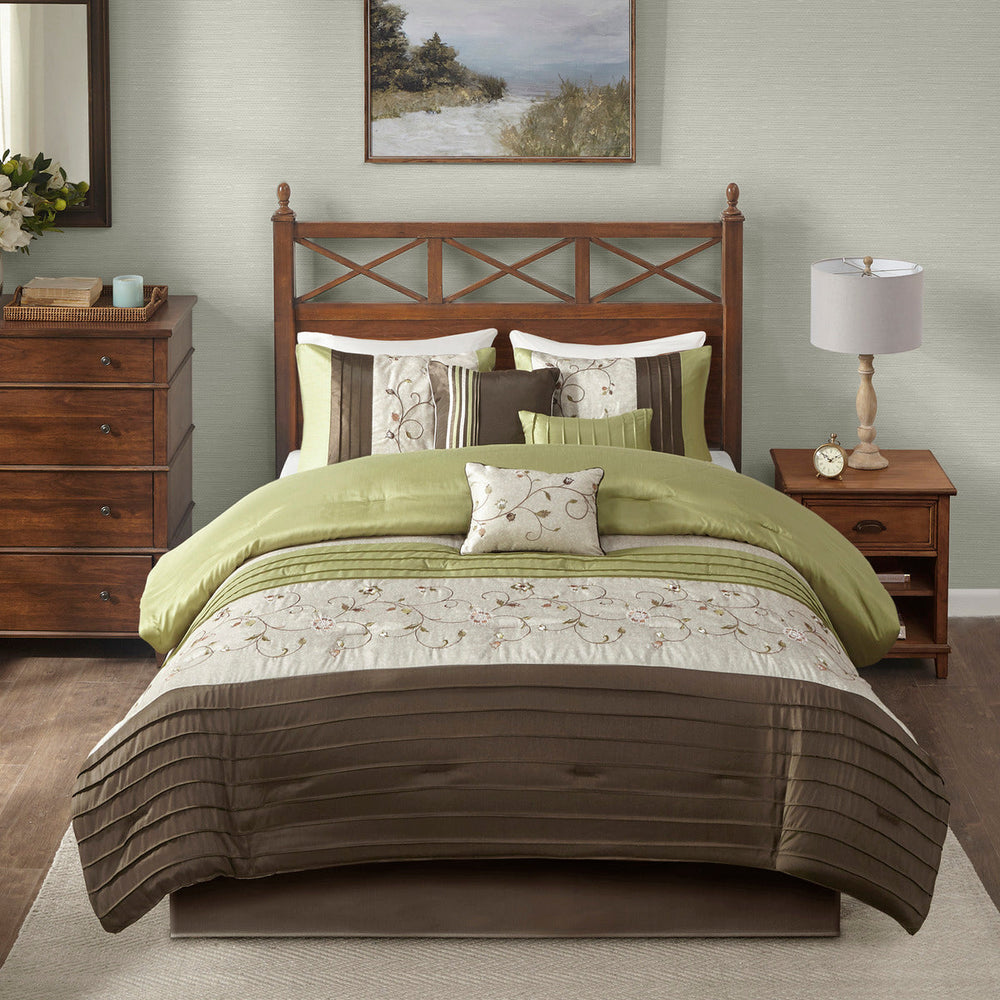 Embroidered 7 Piece Comforter Set Green Cal King Media 7