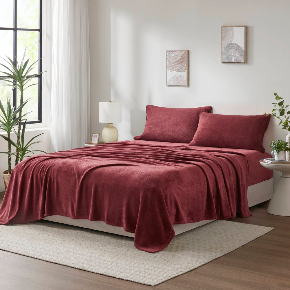 3 PCS Twin Micro Plush Sheet Set Burgundy Media 1