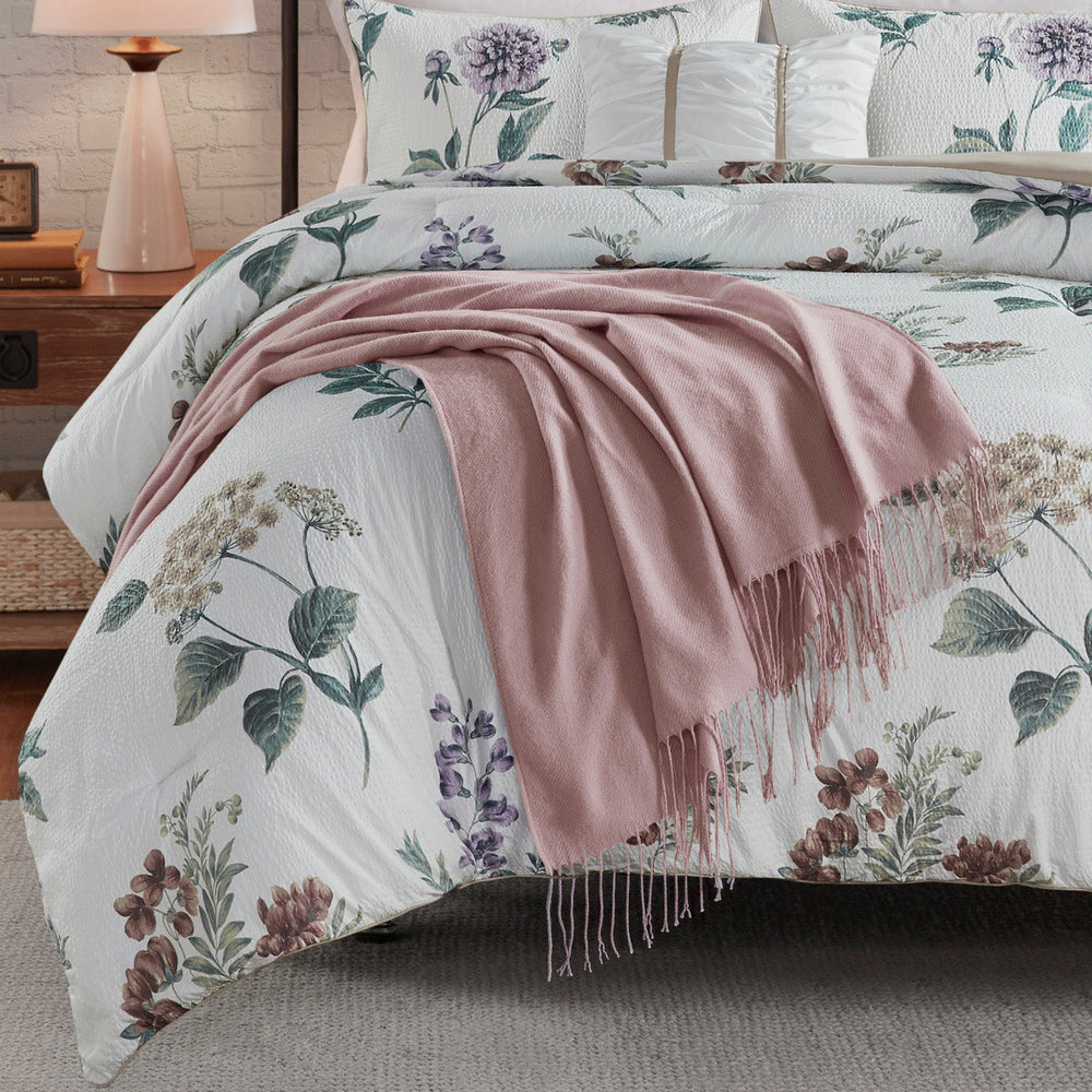 7 Piece Printed Seersucker Comforter Set with Throw Blanket Taupe/Blush Full/Queen Media 2