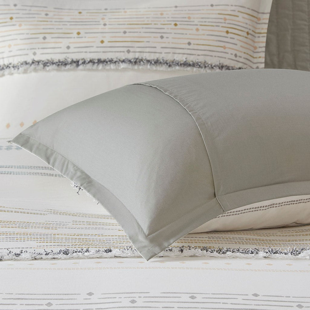 Cotton Printed Comforter Set with Trims Off White/Gray Full/Queen Media 3