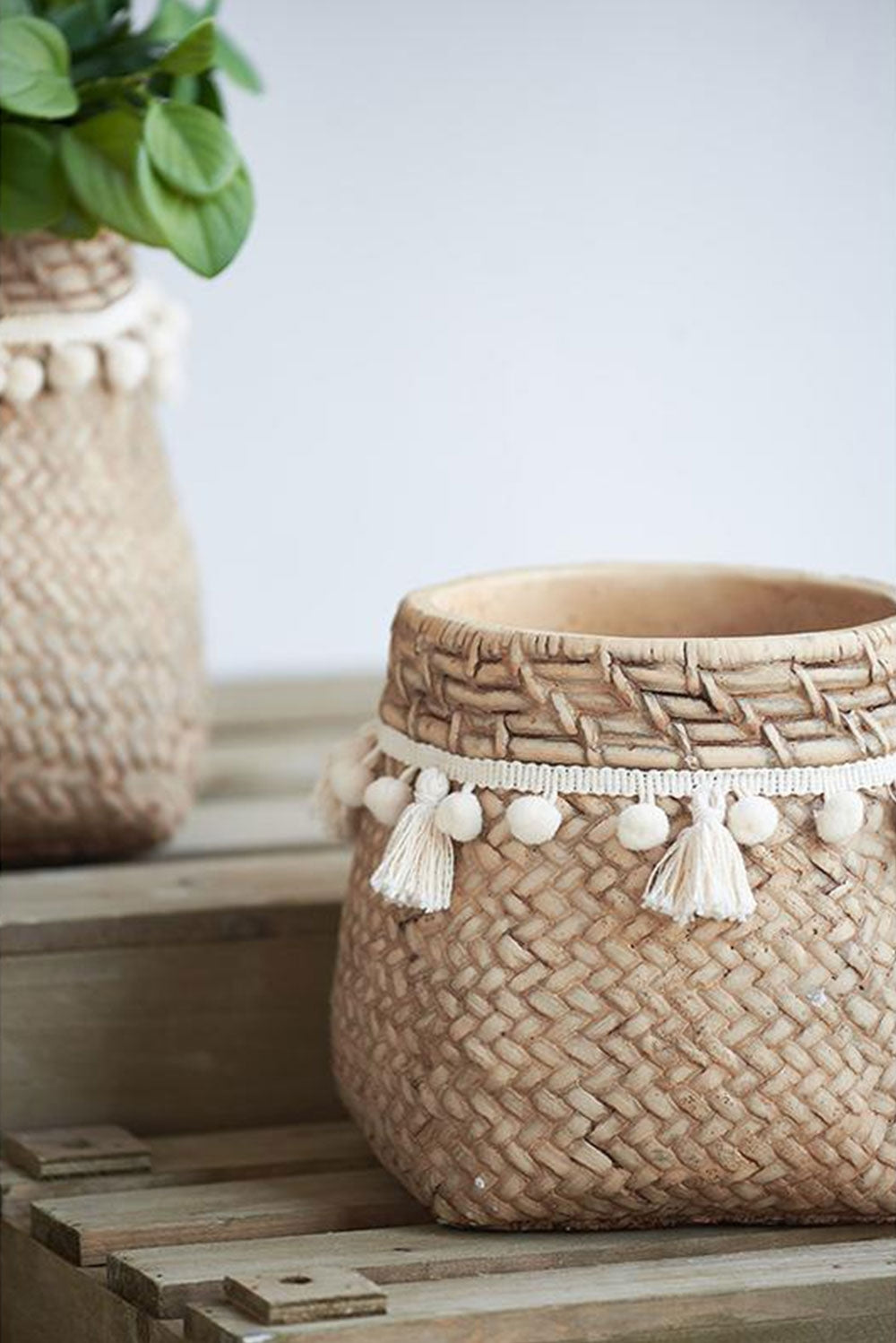Set of 2 6.5x6.5x6' Brown Cement Planter with Woven Tassel Accent Media 5