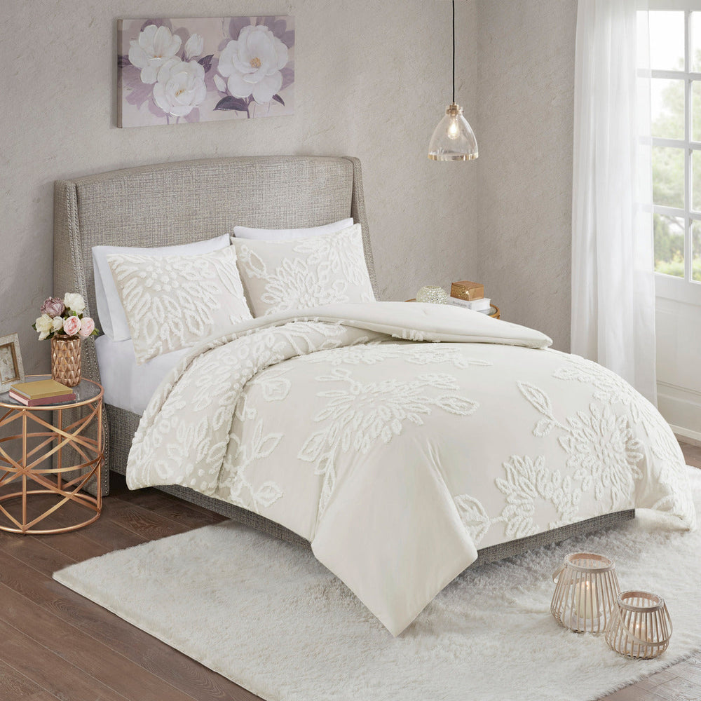 3 Piece Tufted Cotton Chenille Floral Comforter Set Off-White King/Cal King Media 1