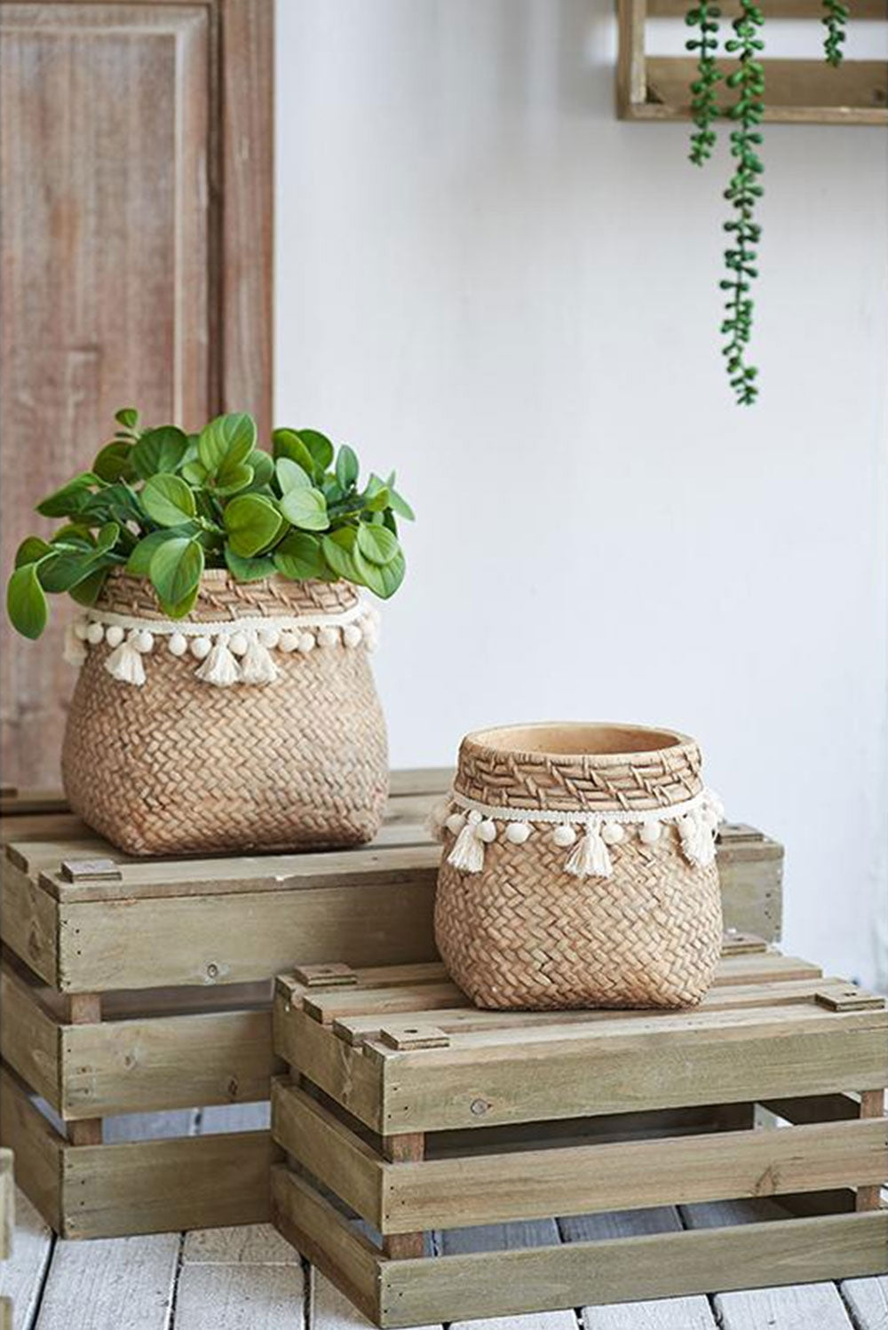 Set of 2 6.5x6.5x6' Brown Cement Planter with Woven Tassel Accent Media 1