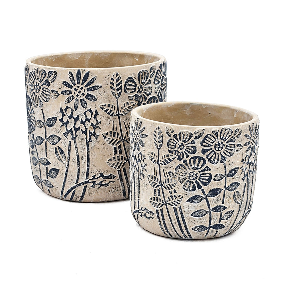 S/2 Gray Sand and Cement Planters with Blue Floral Motif, L:D7x6.7' S:D5.5x5' Media 2