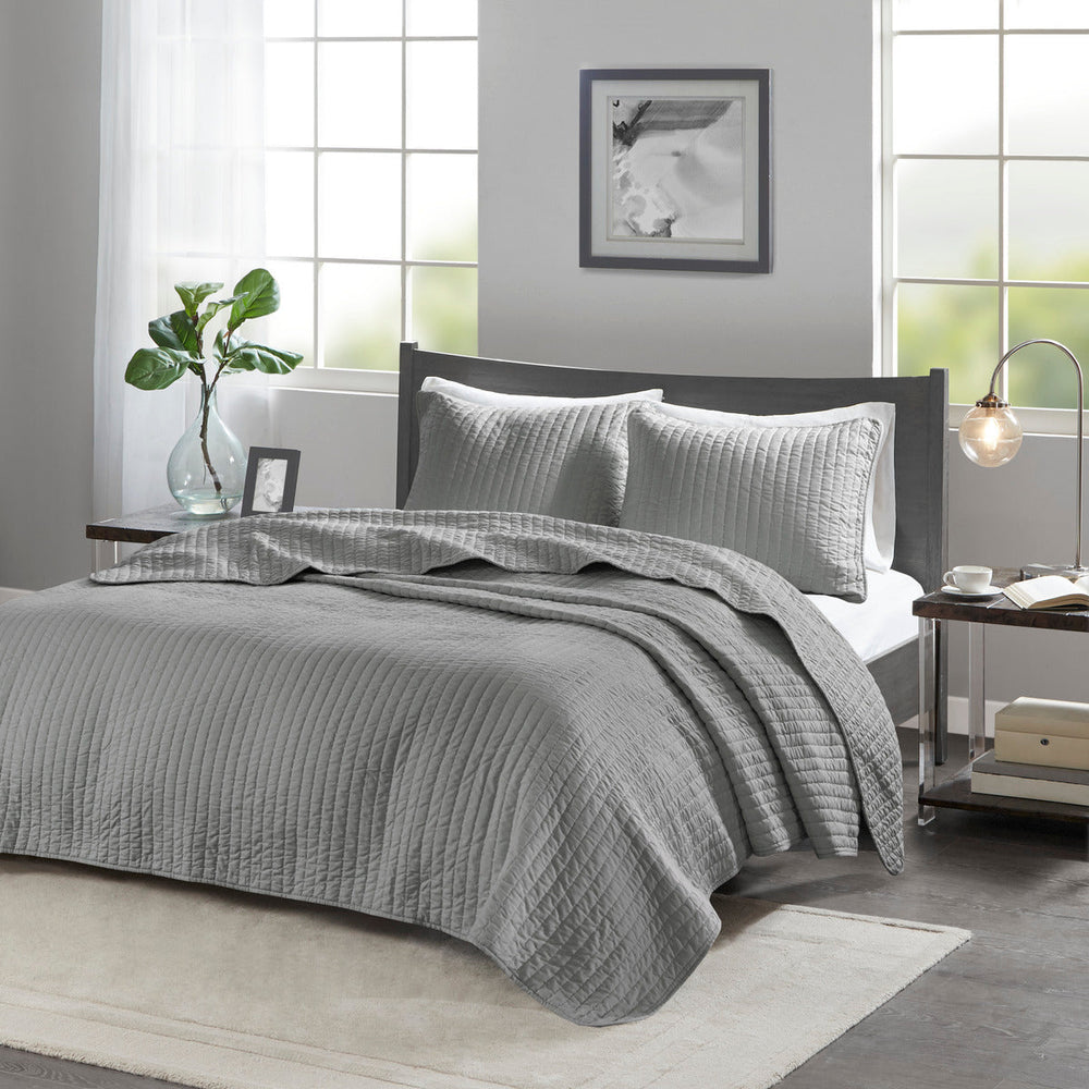 3 Piece Quilt Set Grey Full/Queen Media 1