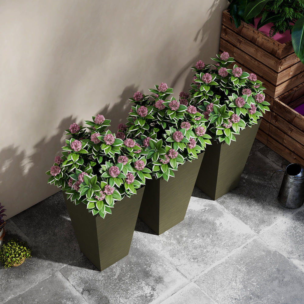Outsunny 28' Tall Outdoor Planters, Set of 3 Large Taper Planters with Drainage Holes and Plug, Faux Wood Plastic Flower Pots for Outdoor, Indoor, Garden, Patio, Dark Brown Media 7