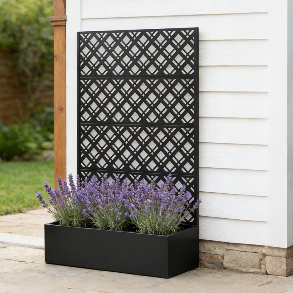Rhombus Black Metal Planter Raised Garden Bed with Trellis 70.9in H x 43.3in W x 15.8in D for Climbing Plants Flowers Vegetables, Galvanized Iron with Drainage Holes Media 8