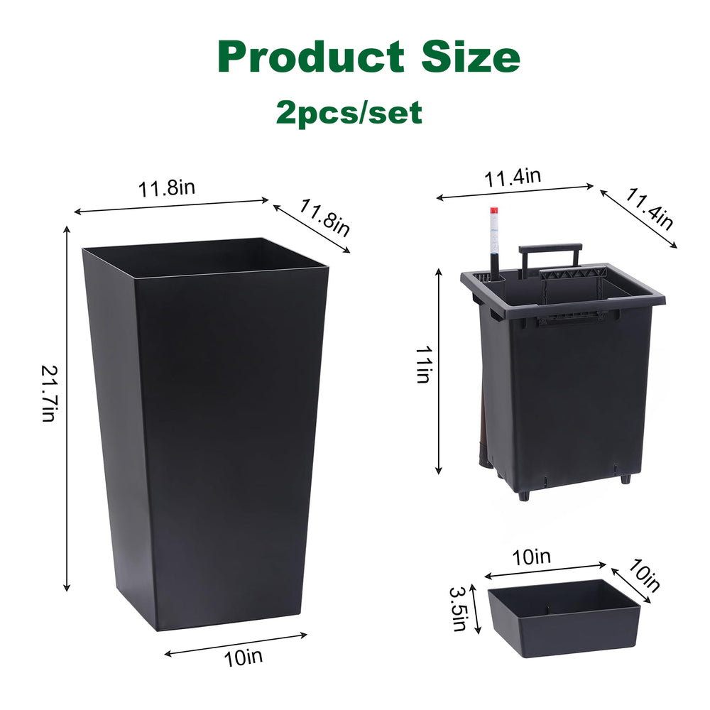 22'Tall Planter Set of 2, Outdoor＆Indoor Black Planter Pots, High Front Porch Planter Pots with Drainage Holes＆Water Level Monitor＆Inner Bucket, Automatic Watering, Black Media 2