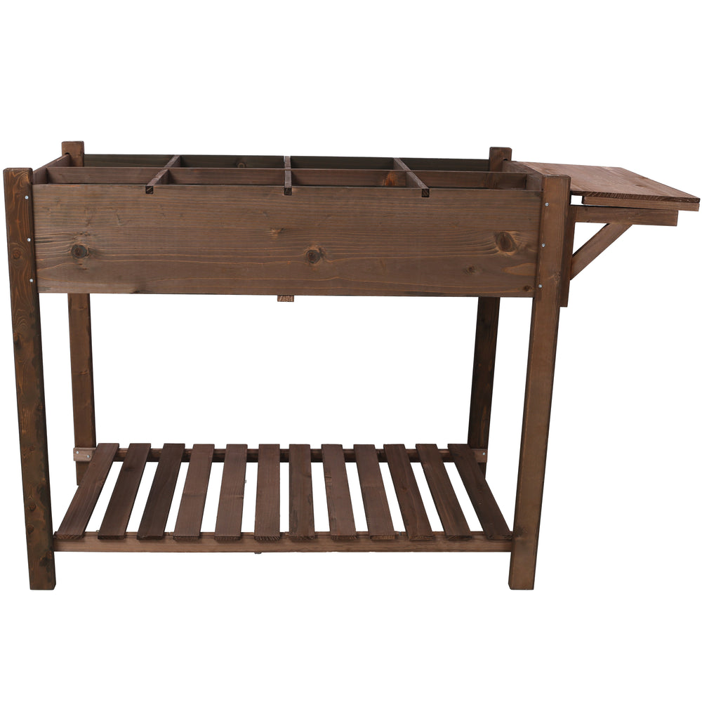 8 Pockets Horticulture Raised Garden Bed Elevated Wood Planter Box Stand with Foldable Side Table and Storage Shelf for Herb/Vegetables/Flowers, dark brown color Media 3