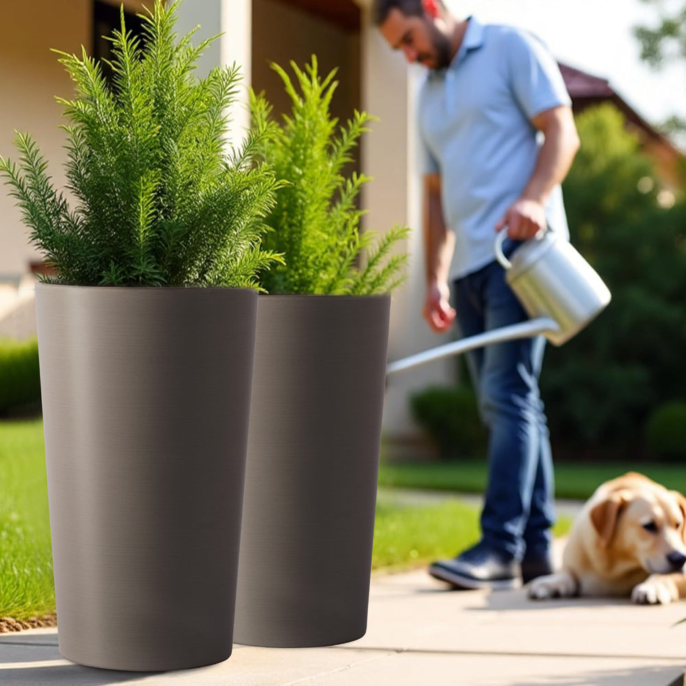 2 Pack Tall 21.7 in Planters for Outdoor Plants Modern Tall Square Planter Box Indoor Outdoor Porch Patio Flower Pot Modern Big Tapered Matte Tree Flower Pot for Garden, (Brown) Media 9