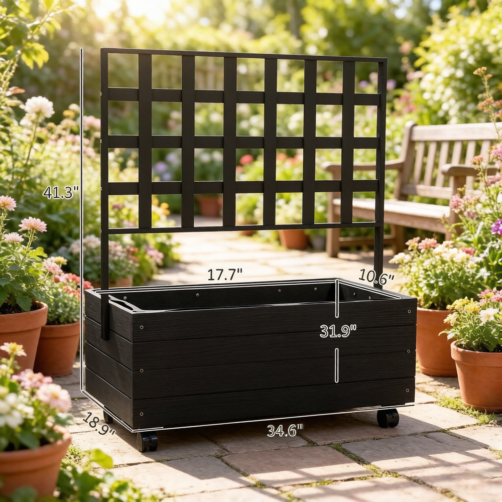 Dual-Function Design Planting box,Wooden Elevated Garden Bed with Trellis,Outdoor Planter Box,Portable Raised Garden Bed Media 7