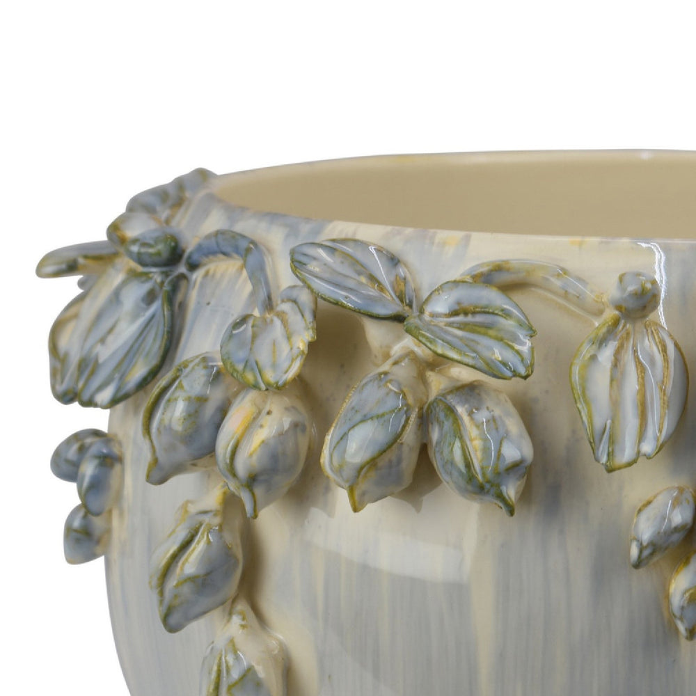 Decorative Bowl Planter, White Ceramic with Floral Garland Rim, 12 Inch Media 4