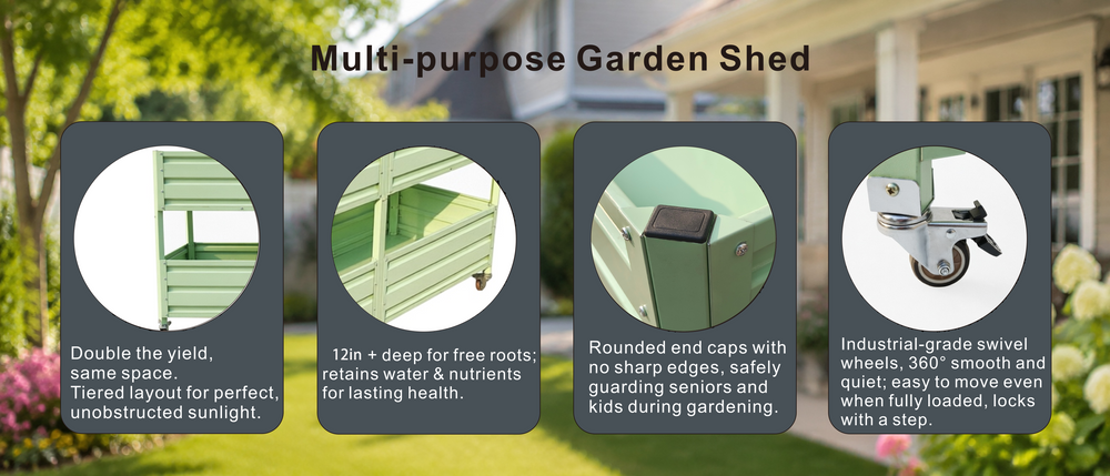 Dual Tier Elevated Metal Raised Garden Bed with Lockable Wheels, Staggered 2-Layer Raised Planter Box for Vegetables Herbs Flowers, Outdoor Patio Backyard Green Planting Bed,Green Media 20