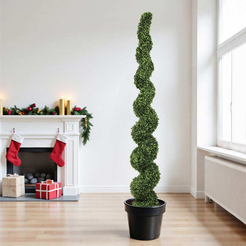 7FT Spiral Topiary Trees Artificial Outdoor Faux Boxwood Plants Large Twisted Green Potted Trees with Light Green Leaves for Garden Front Porch Patio Planter Decoration, 1pc/set
