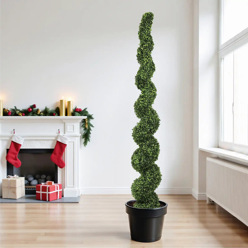 7FT Spiral Topiary Trees Artificial Outdoor Faux Boxwood Plants Large Twisted Green Potted Trees with Light Green Leaves for Garden Front Porch Patio Planter Decoration, 1pc/set