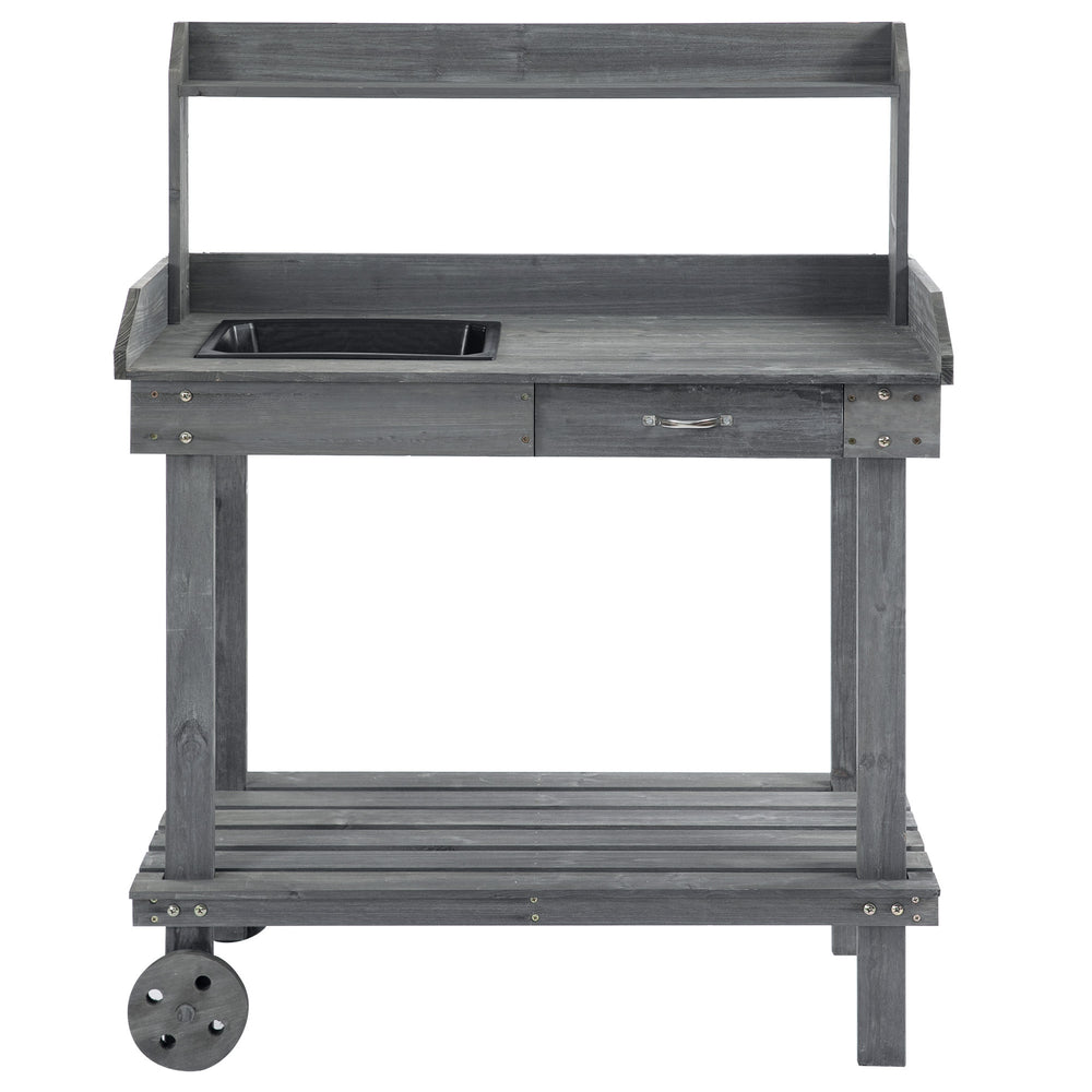 Outsunny 36'' Wooden Potting Bench Work Table with 2 Removable Wheels, Sink, Drawer & Large Storage Spaces, Gray Media 7