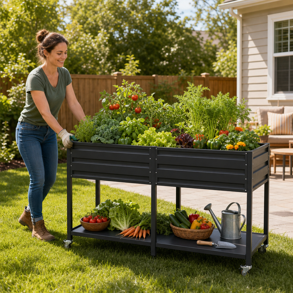 Dual Tier Elevated Metal Raised Garden Bed with Lockable Wheels & Lower Storage Shelf, Dark Gray Staggered Raised Planter Box for Vegetables Herbs Flowers, Outdoor Patio Backyard Raised Planting Bed Media 9