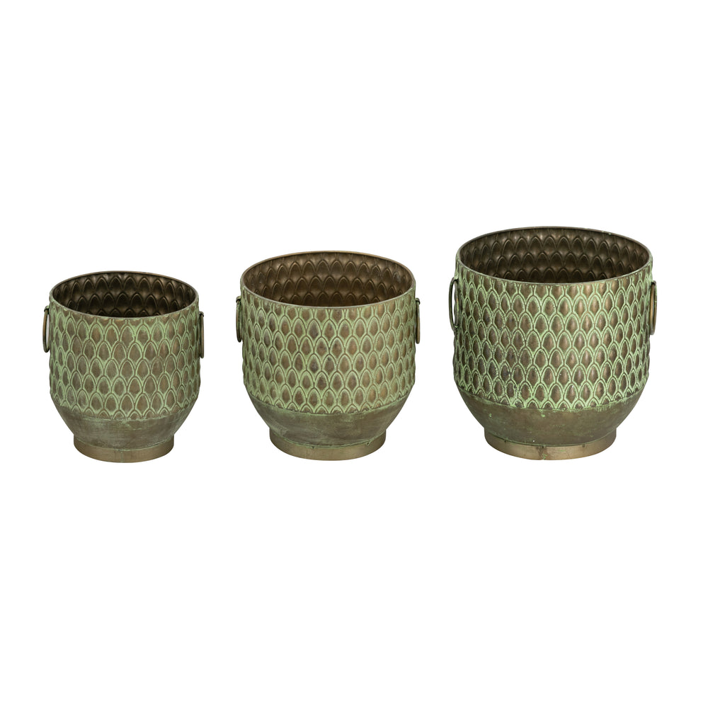S/3 Textured Green Iron Planters with Tapered Bases Media 4