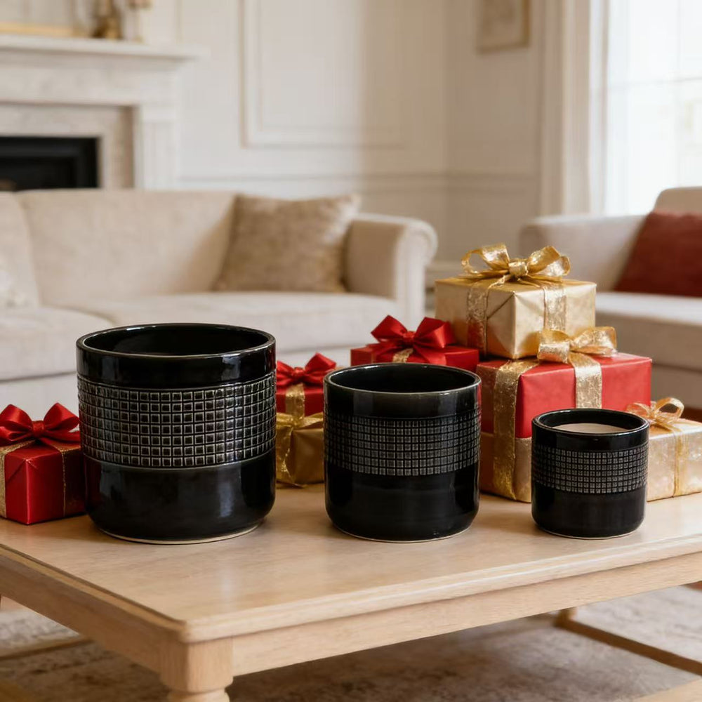 Handmade Black Glazed Ceramic Planter Set of 3, 9' 7' 6' Diameter, Grid Pattern, for Succulents & Cacti Indoor/Outdoor Shelf & Table Use, Porous Clay with Drainage Holes Media 1