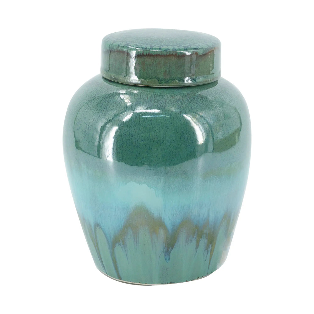 26929459 D6x7.8' Round Ceramic Lidded Jar With Blue Reactive Glaze And Subtle Ridges     DTY Store Round Ceramic Lidded Jar With Reactive Glaze And Subtle Ridges     DTY Store