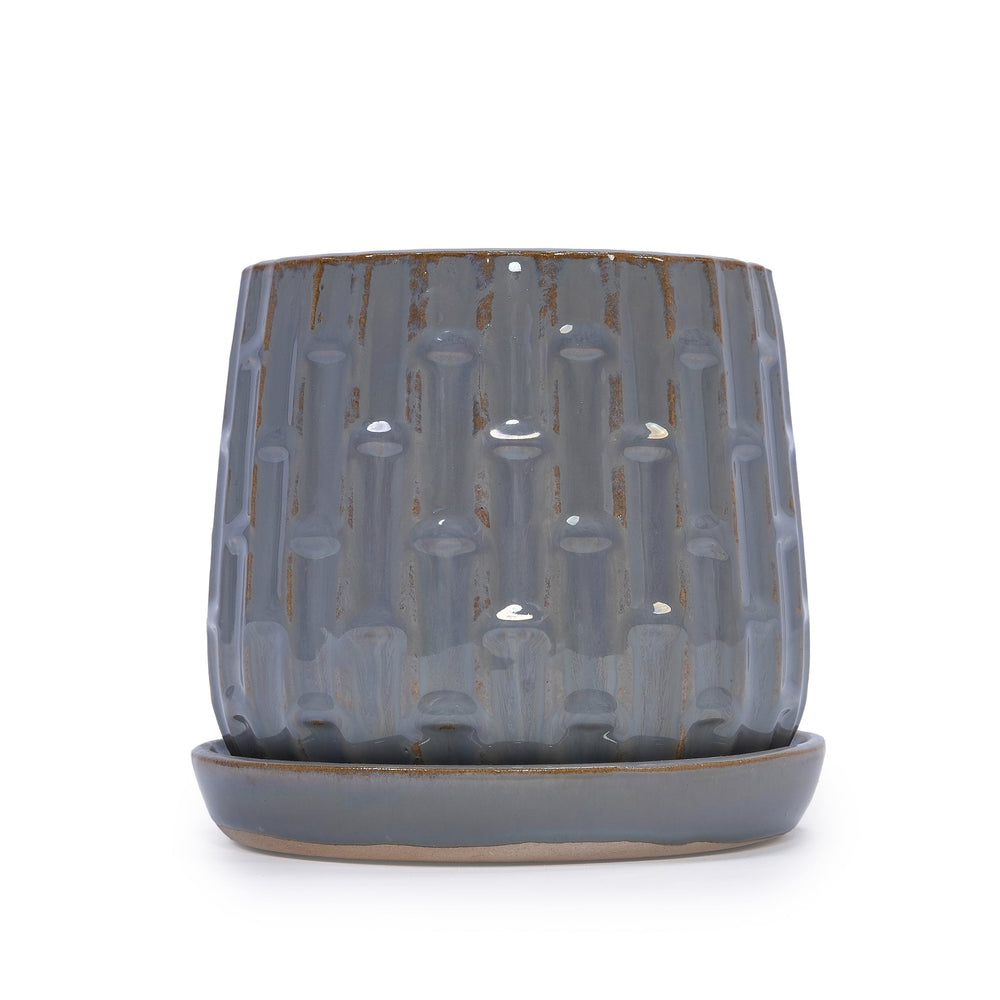 Handmade Gray Glazed Ceramic Planter Set of 2, 6' & 8' Diameter, Vertical Ribbed Pattern, for Succulents & Herbs Indoor/Outdoor Shelf & Table Use, Breathable Clay with Saucers Media 7