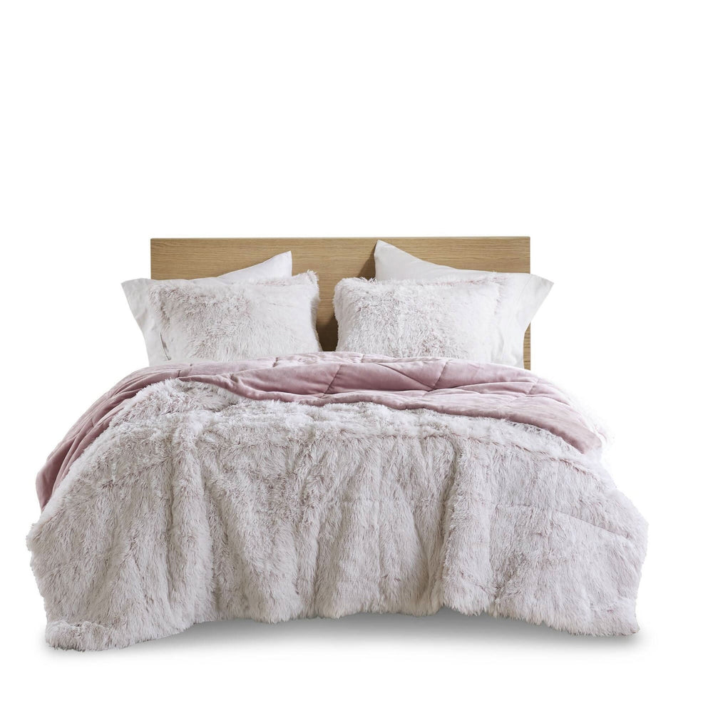 Faux Fur Comforter Shaggy Pink & White King & Cal King 3 Piece Set For Bedroom Decor Soft Media 2