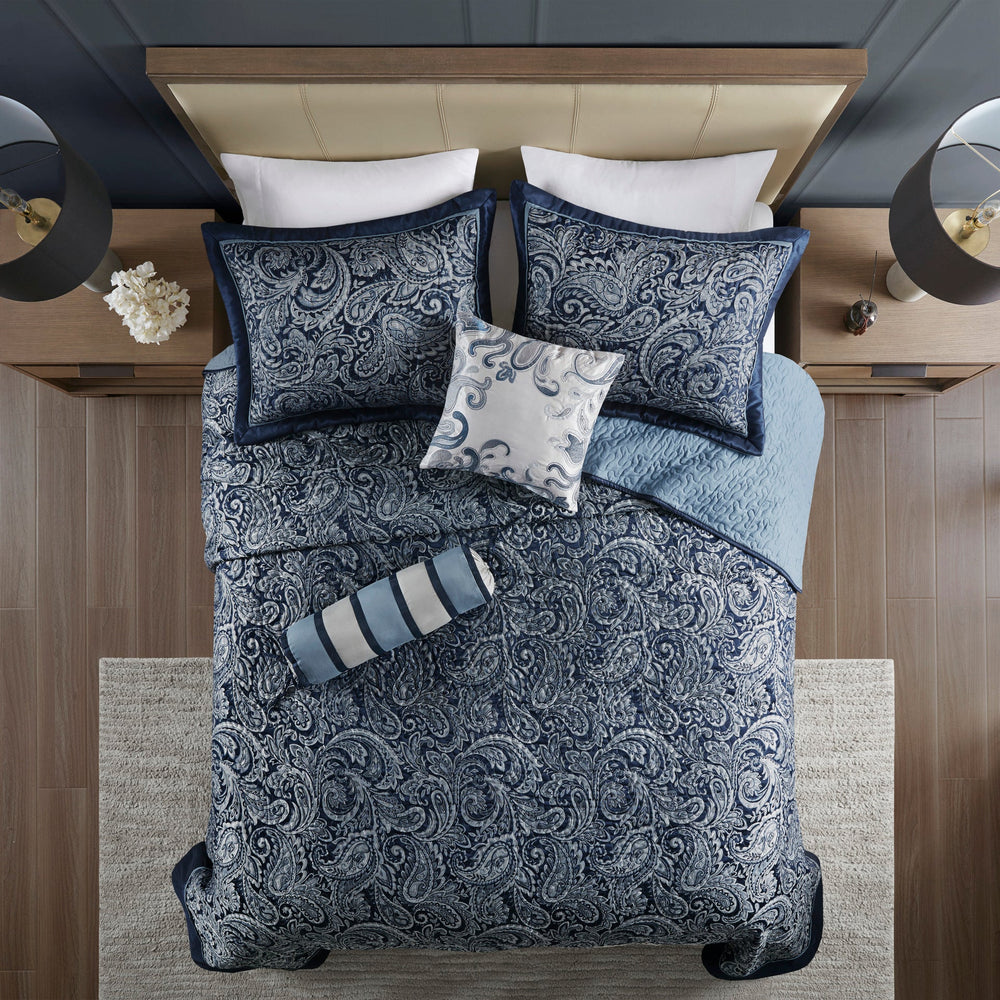5 Piece Jacquard Bedspread Set with Throw Pillows Navy Queen Media 14