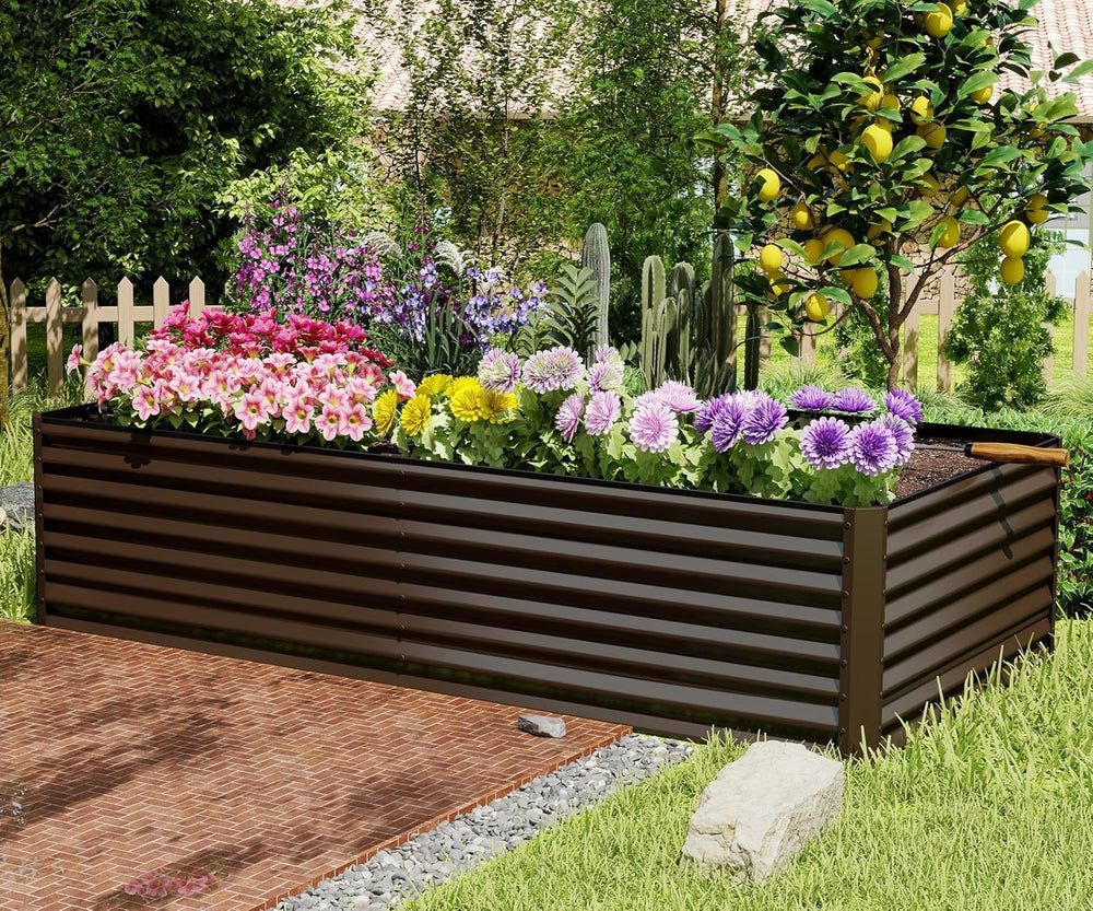 8×4×2 ft Galvanized Raised Garden Bed, Outdoor Planter Garden Boxes Large Metal Planter Box for Gardening Vegetables Fruits Flowers, Brown Media 9