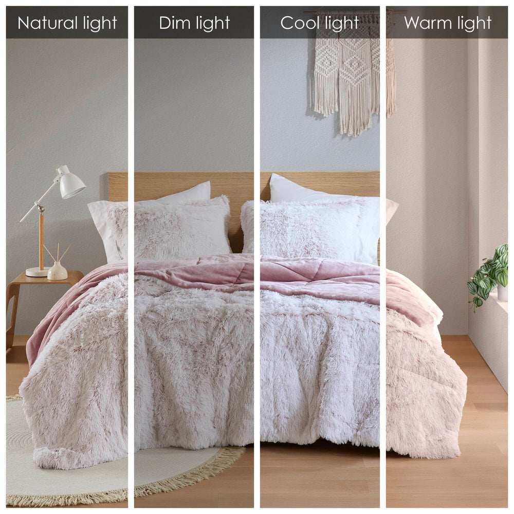 3 PCS Full/Queen Shaggy Faux Fur Comforter Mini Set Pink/White Media 12