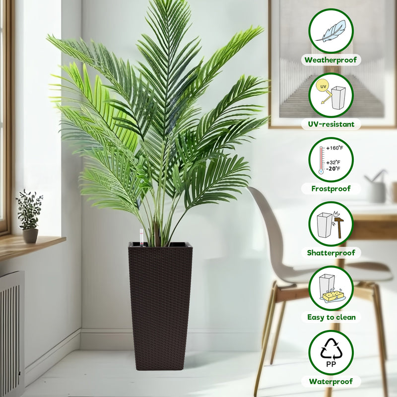 Brown Faux Rattan Indoor Outdoor Planter with Automatic Watering System, 22-Inch High, Pack of 2, Made from Polypropylene