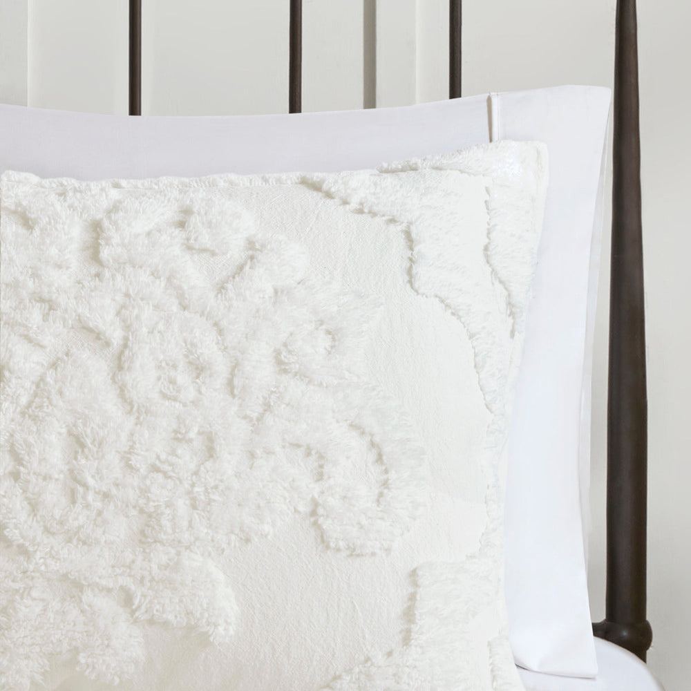 3 Piece Tufted Cotton Chenille Damask Comforter Set Off-White Full/Queen Media 5