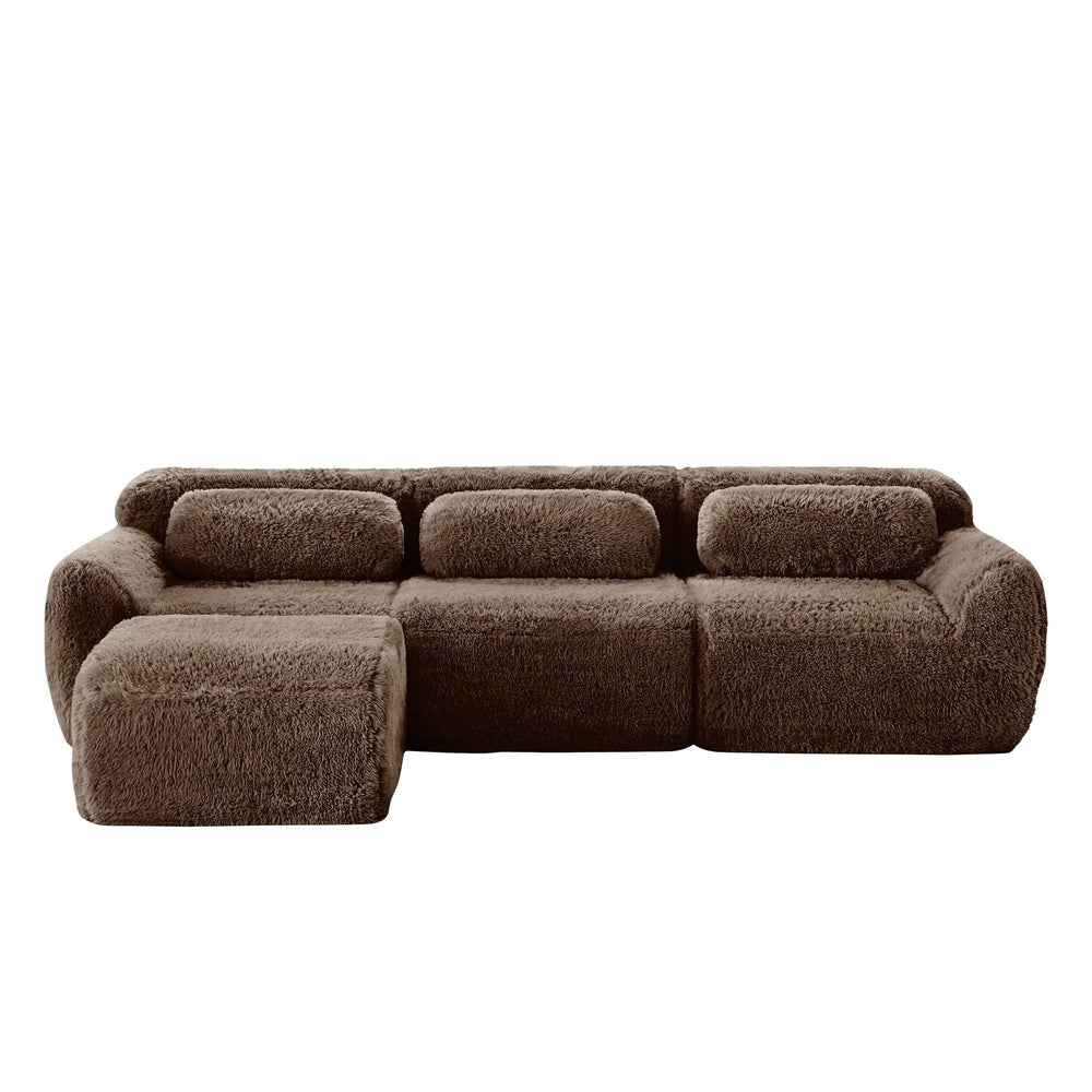 L-Shaped Sofa Plush Fabric With Movable Ottoman & Throw Pillows Chocolate Media 17